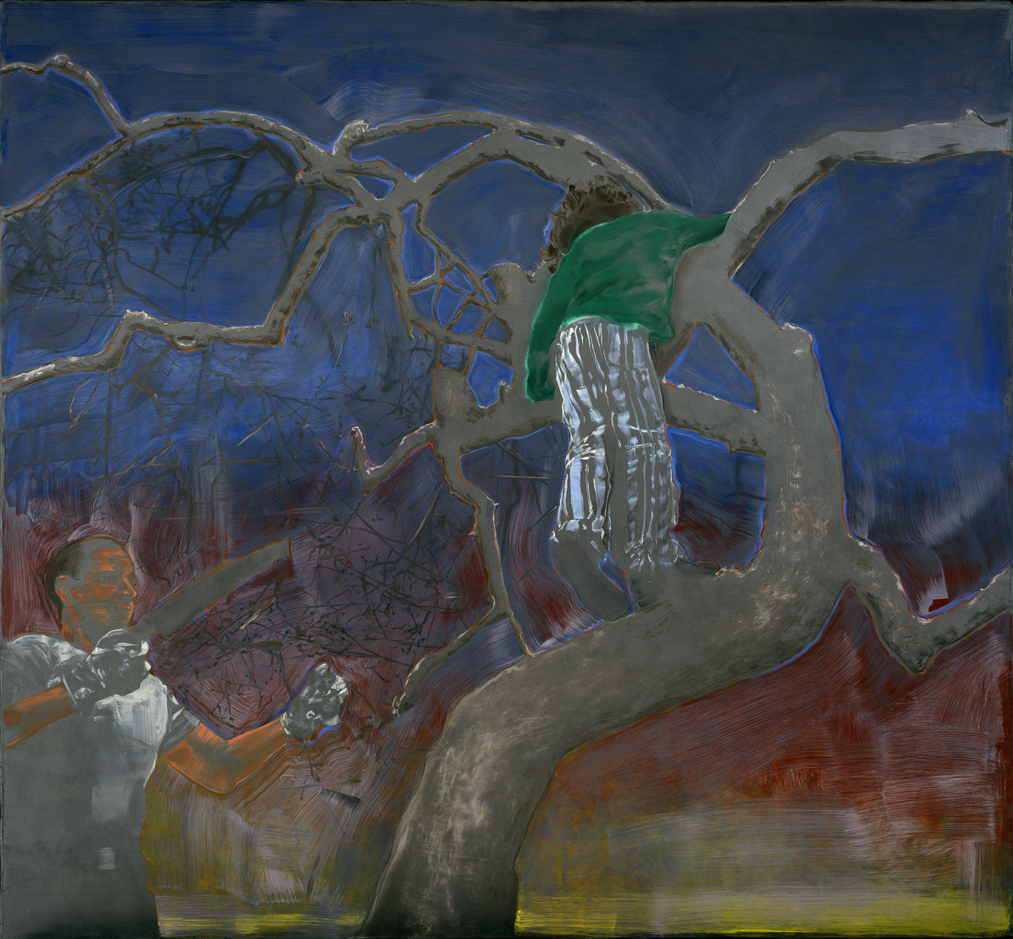 child in tree and man with saw
